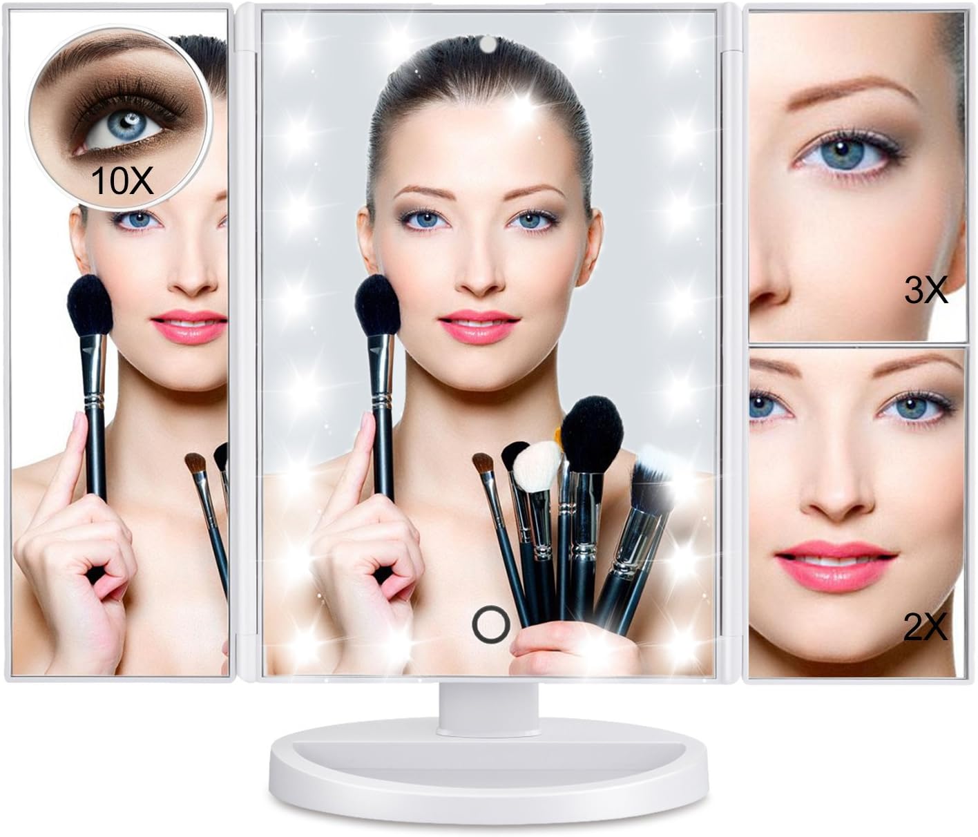 Magicfly Vanity Mirror Lighted Makeup Mirror 10X 3X 2X 1X Magnifying Mirror with 21 LED Lights, Trifold Mirror with Touch Screen, Adjustable Brightness & Stand, Dual Power Supply Mode, White -
