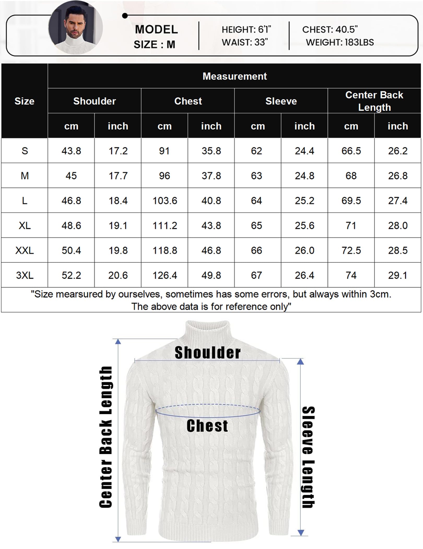 COOFANDY Herren Pullover Rollkragen Strickpullover Zopf Pullover Turtleneck Rollkragenpullover Warme Sweater Winter Basic Weiß L 6