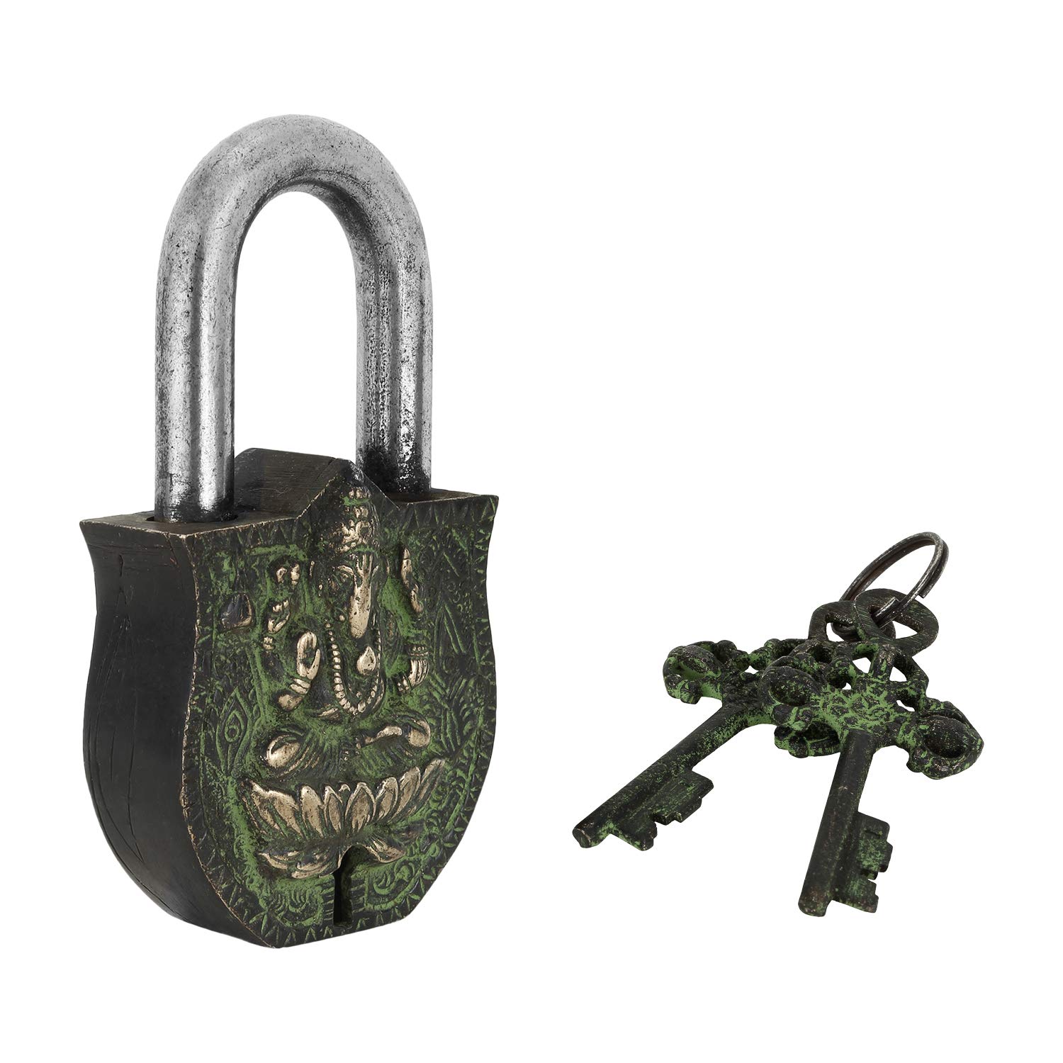 Zap Impex Decorative Padlock, with Engraved Ganesha Motif, Solid Brass, with Natural Patina in a Beautiful Decorated Padlock.