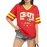 Oversized Football Jersey Tshirt Women Game Day Graphic V-Neck Jersey Tees Football Team Fans Mesh Tshirt