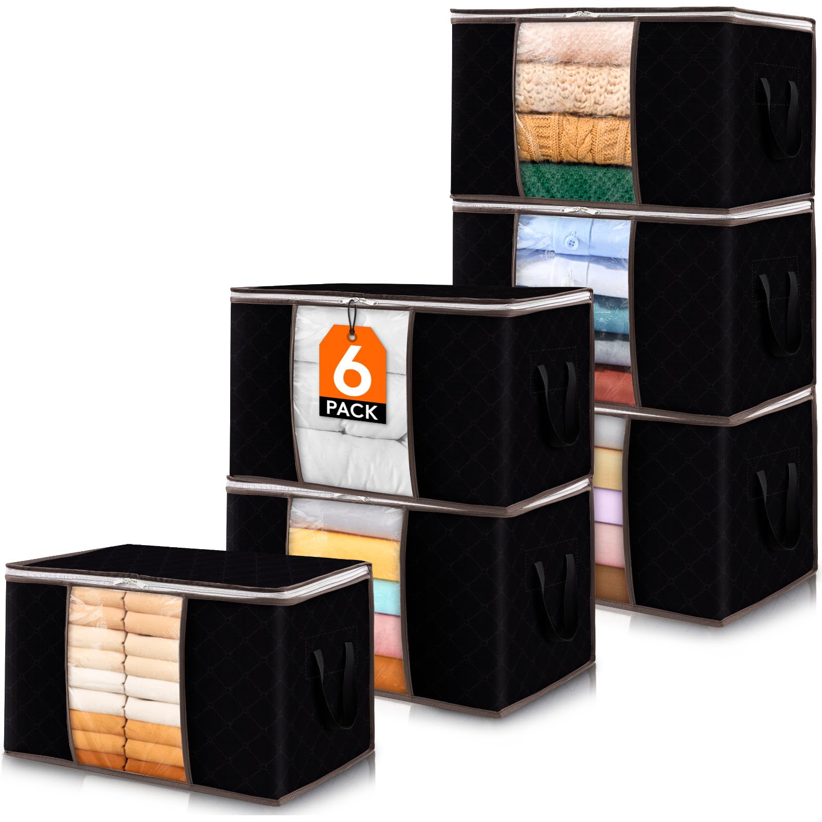 Photo 1 of Lifewit 6 Pack Foldable Clothes Storage with Clear Window and Reinforced Handles for Clothing, Bedding, Black