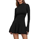 COCCKO Women's Sweater Dress Crochet Ribbed Knit Ruffle Hem Flared Long Sleeve Mock Neck Mini Dress