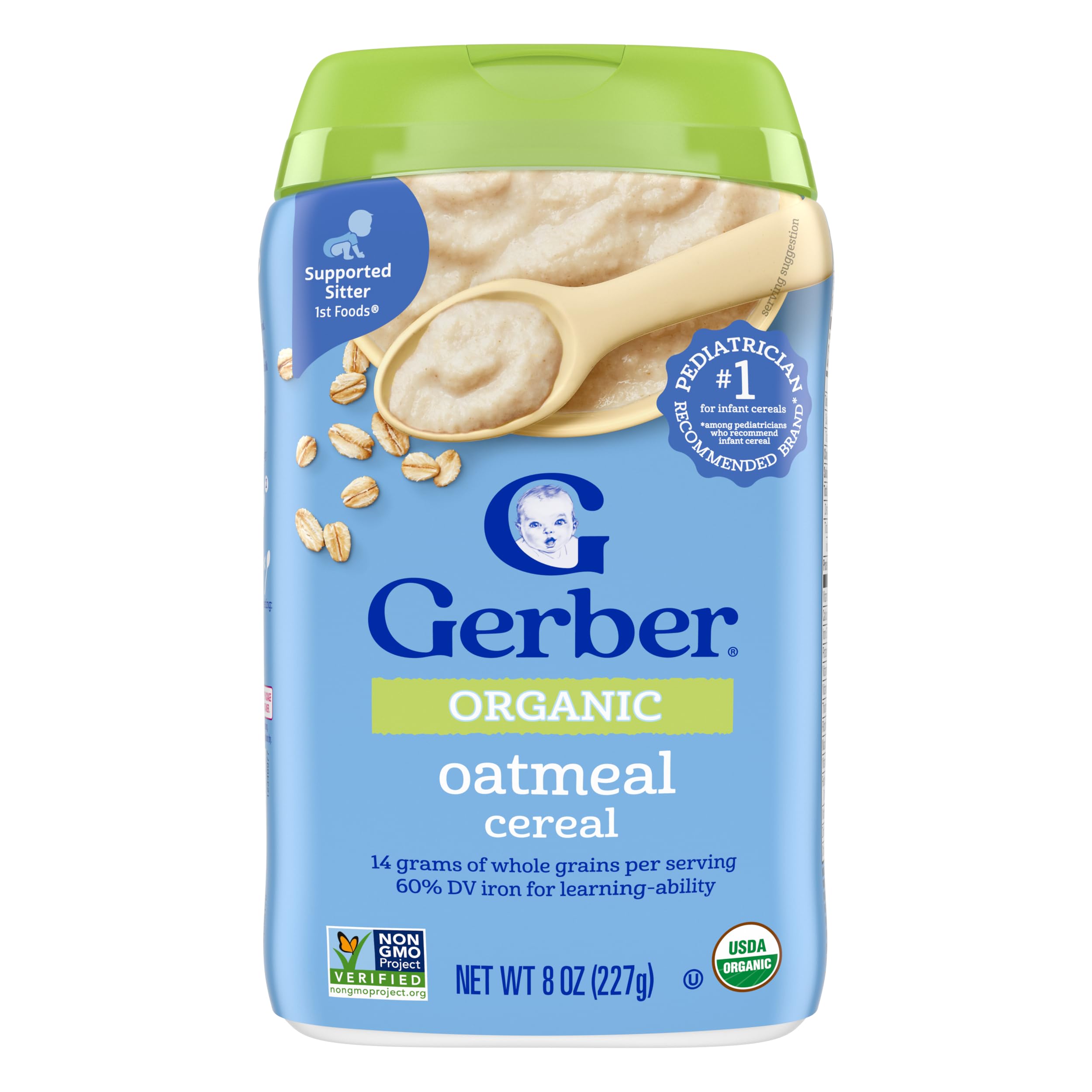 Gerber Stage 1 Baby Food, Organic Baby Oatmeal Cereal, 14g Whole Grains, Iron, Zinc & Vitamin B12, Infant Cereal, 6-Pack