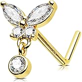 Jewseen 14K Gold Nose Rings 20g L Shaped Nose Stud Dangle Nose Piercing Jewelry Butterfly Nostril Ring for Women