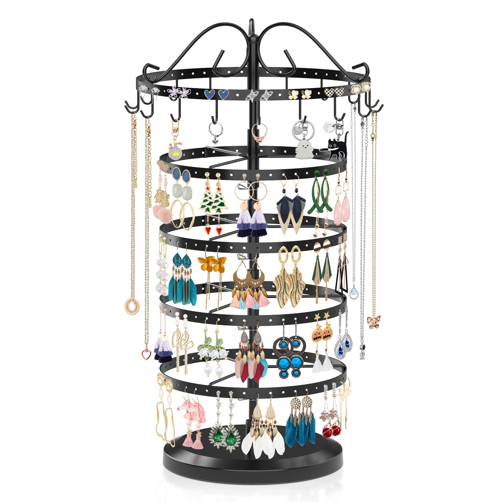 iDavosic.ly 5 Tier Rotating Earring Holder Organizer, 17 Hooks Metal Necklace Holder Stand, 228 Holes Adjustable Large Jewelry Tree Storage Bracelet Display Tower Rack for Women (Black)