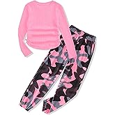 Glaoly Girls' Clothing Sets Ribbed Knit Crewneck T-Shirt & Camo Print Elastic Waist Pants Girls Clothes Size 6-16Y