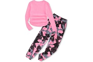 Glaoly Girls' Clothing Sets Ribbed Knit Crewneck T-Shirt & Camo Print Elastic Waist Pants Girls Clothes Size 6-16Y