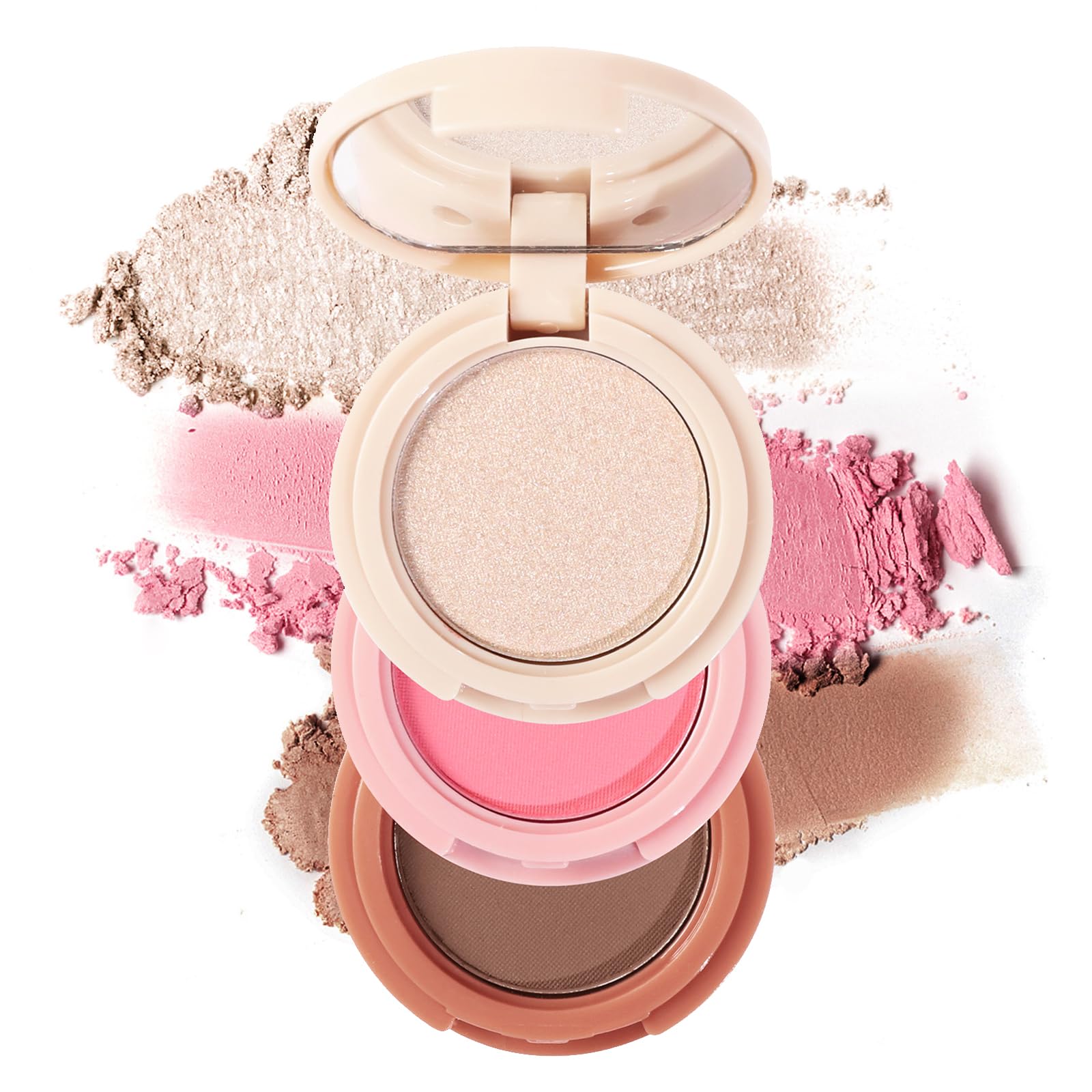 Erinde Mini Highlighter, Bronzer & Blush Powder Palette, Matte Shimmer Powder Makeup, Tiny Face Palette with Mirror All in One, Blendable, Travel Friendly, Cruelty Free, 3 Colours — image 1