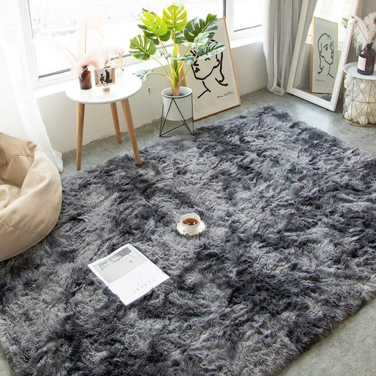 Tinyboy-hbq Area Rugs Fluffy Bedroom Carpet Soft Floor Mat Anti-Slip Living Room Rugs Shaggy Plush Carpets for Living Room Home Decor(Black grey - Image 4