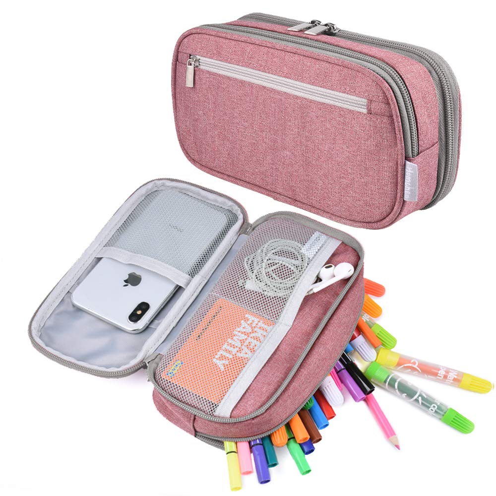 YONZONE Large Pencil Case Big Capacity Pencil Cases 3 Compartment Pencil Bag Pen Pouch for Girls Boys, High Storage Office School Stationary Organiser Makeup Bag Adults, Light Pink