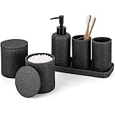 ZCCZ Black Stone Bathroom Accessories Set 6 Pieces - Toothbrush Holder, Lotion Dispenser, Qtip Container, Vanity Tray, Tumbler - Countertop Organizer for Bathrooms - Elegant and Functional D&eacute;cor Set