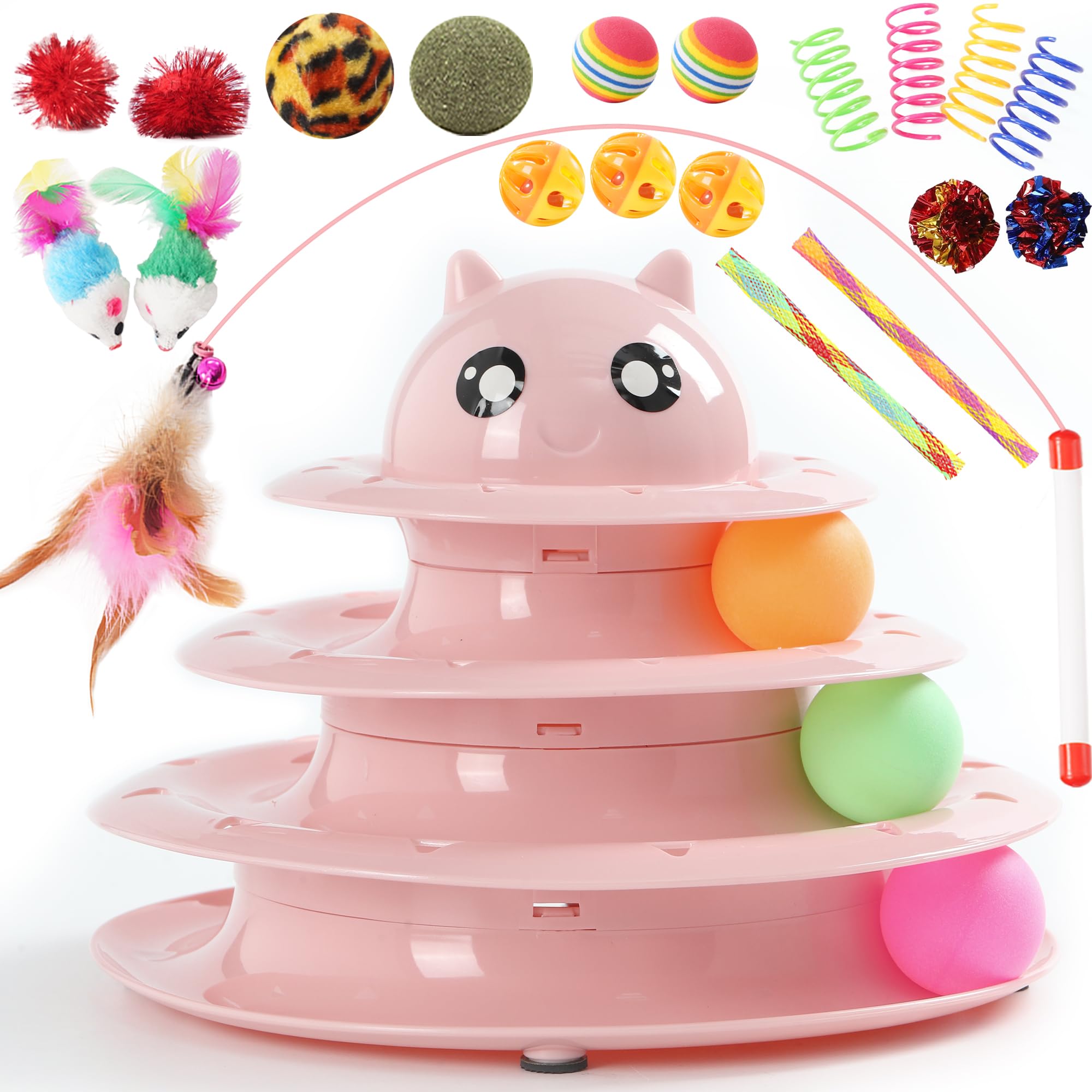 Vealind Cat Toys Bundle 21 PCS Kitten Toy for Indoor Cats Roller Balls Interactive Fun Roller 4 Level Cat Tower for Exerciser Wand Kitty Toy Set (Pink)