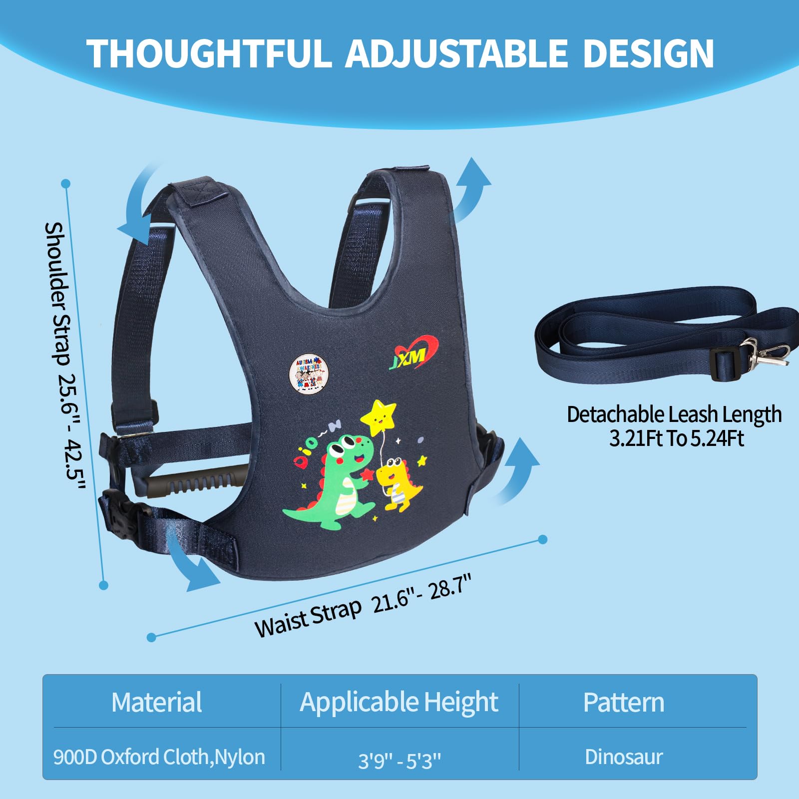 JXM Safety Harness for Active Childs with Quick Grab Handle, Teens Youth Secure Walking Harness with Autism Awareness and Pouch, Adjustable Tether Leash for Autism ADHD Special Needs Child Kids