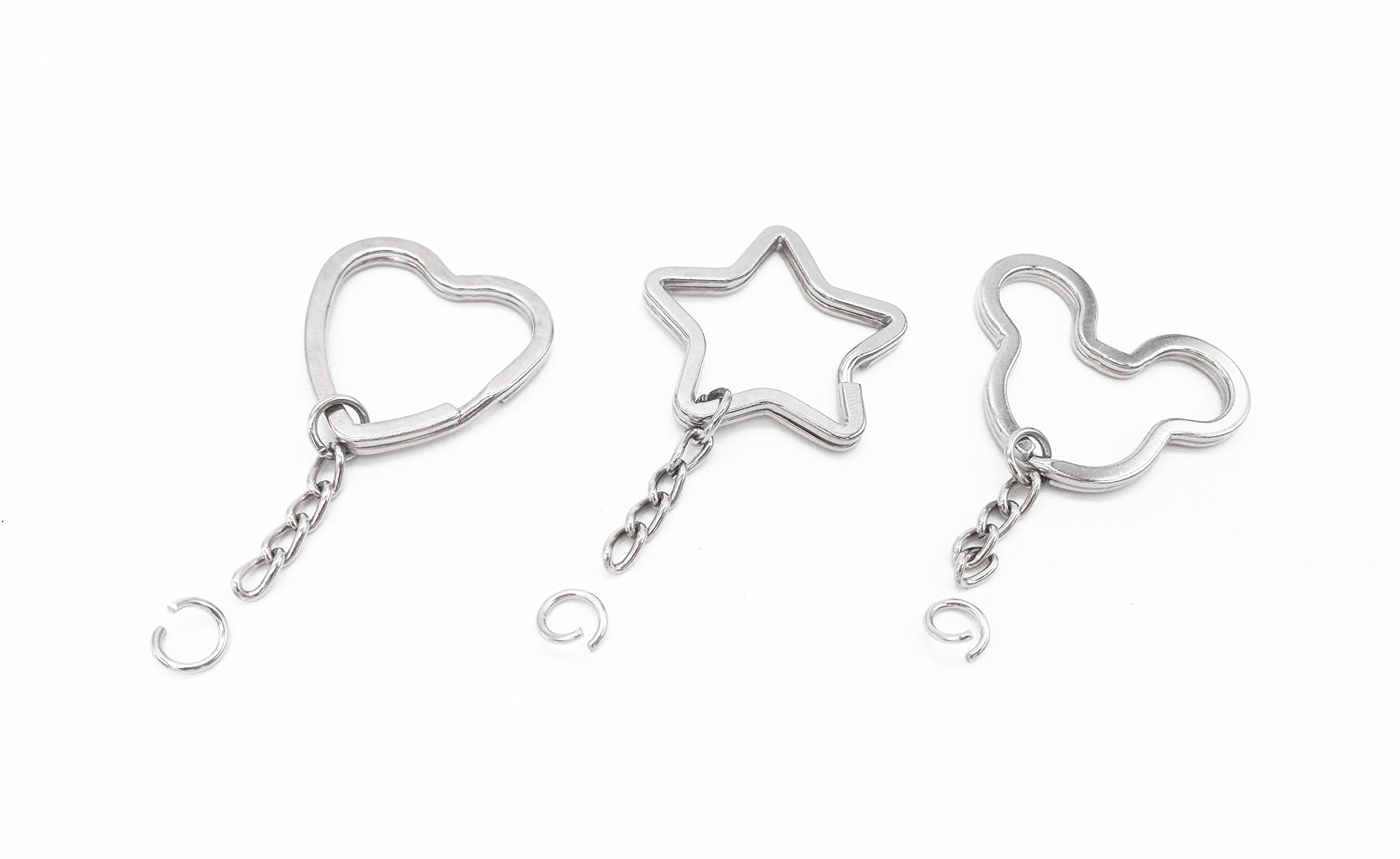 Key Ring with Chain 30 pcs, Key Chain Parts, 3 Mix Styles, Star-Shaped, Bear-Shaped and Heart-Shaped Rings