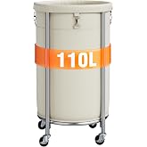 ELYKEN Laundry Basket with Wheels, Round Rolling Laundry Hamper, Cream | 110L, Removable Liner Bag, Heavy-Duty Metal Frame, Locking Casters, Dirty Clothes Hamper for Hotel, Home, Closet, Dorm