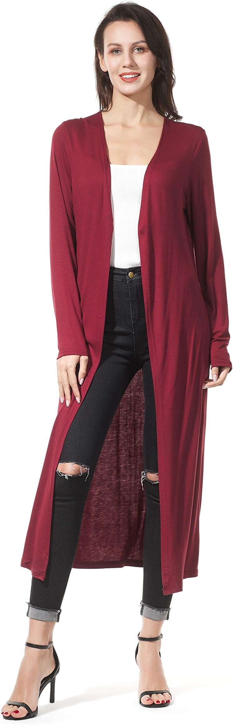 Women's Solid Sweater Essential Duster Long Cascading Open Front Lightweight Blue Cardigan