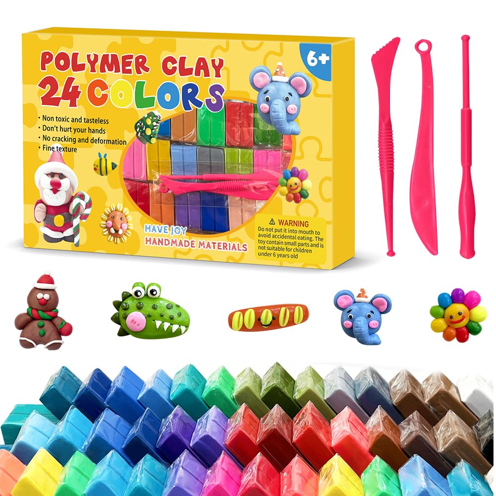 Polymer Clay 24 Colors, Polymer Clay Set, Modelling Clay for Kids DIY Starter Kits, Polymer Clay Starter Kit with Sculpting Tools, Oven Bake Clay, Crafts Gift for Beginners/Adults