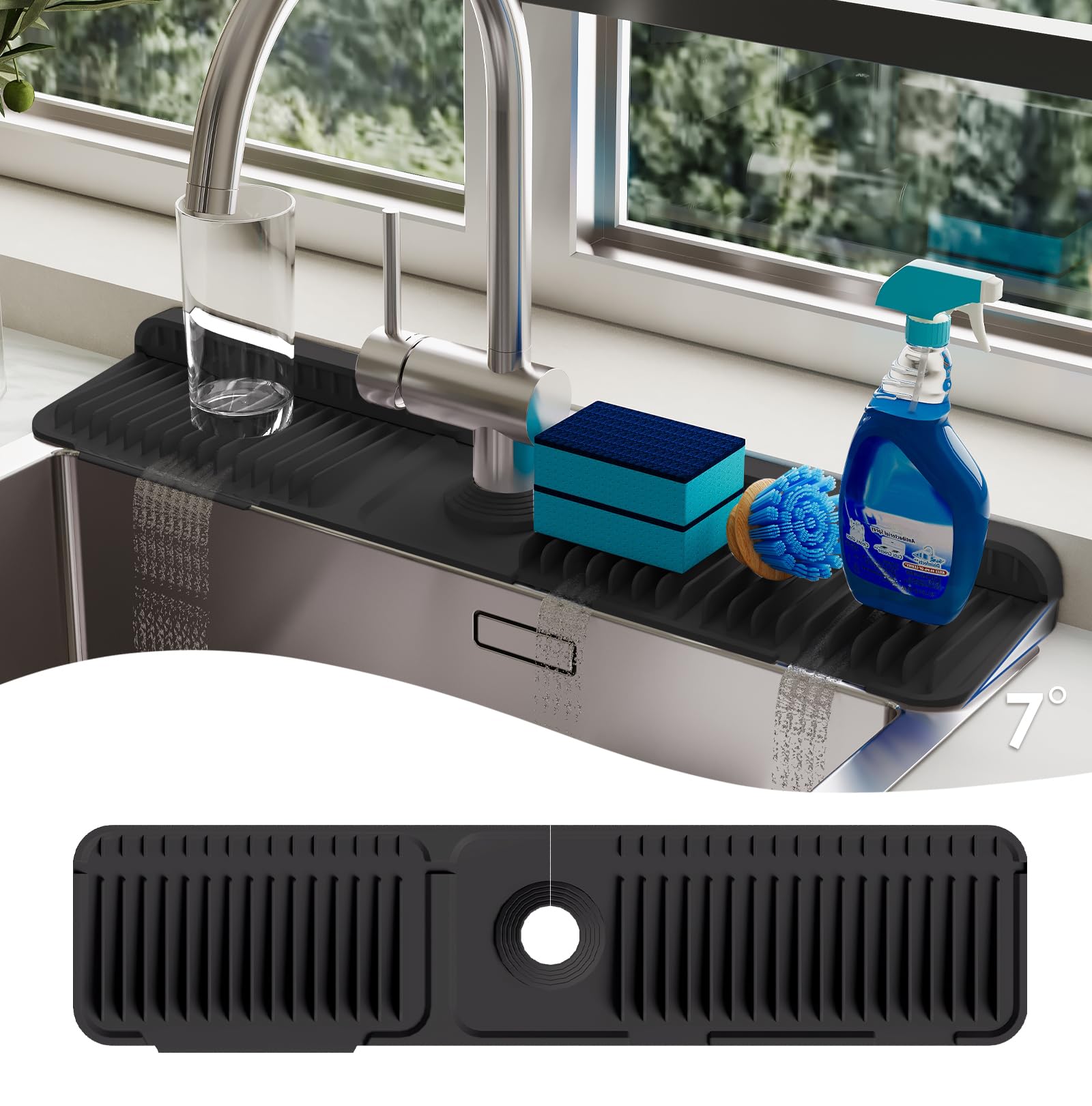 Photo 1 of 24 Inch Silicone Faucet Mat for Kitchen Sink Splash Guard - 7° Slope Upgraded Water Draining Mat with Fasten Button for Bathroom Area (Black, 24''x5.5'')