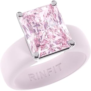 Rinfit Silicone Ring with Pink Stone, Emerald Cut CZ | AAAAA Grade Cubic Zirconia, Solitaire Engagement Ring for Her, Flexibl