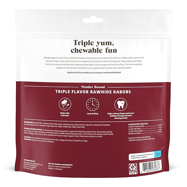 AMAZON BRAND – WONDER BOUND TRIPLE FLAVOR RAWHIDE KABOBS FOR DOGS, VARIETY, 1.5 POUND (PACK OF 1)