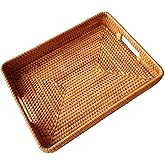 i-lan 17 Inch Oversize Handmade Rectangular Serving Trays with Cutout Handles and 2.3” Wall,Decorative Rattan Woven Storage Baskets Organizer Plate Tray for Bread,Fruits,Catch All Dish,XL,Brown
