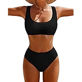 DaiLiWei High Waisted for Women Ribbed 2 Piece Bathing Suit Modest Full Coverage Bikini Sets Sporty Cute Swim Suits for Teens