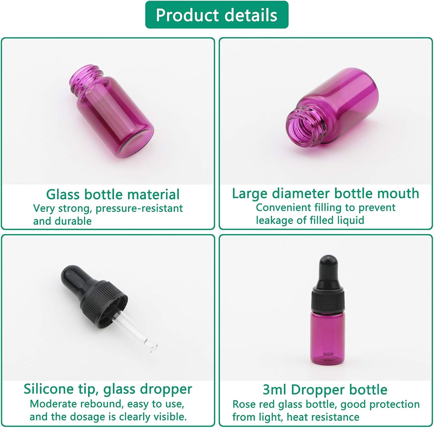 Rowiz 30 PCS 3ml Refillable Pink Glass Essential Oil Bottles Eye Dropper Vials Perfume Cosmetic Liquid Aromatherapy Lotion Sample Storage Containers Jars with Pure Dropper Sample Tubes&Black Screw Cap - Image 5