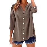 LOMON Womens 3/4 Sleeve Button Down Shirts Cotton Linen Roll Up Short Sleeve Tops V Neck Casual Loose Fit Blouses