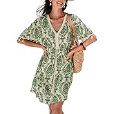 CUPSHE Women Tassel Trim Summer Dress V Neck Lace Short Sleeve Paisley Boho Casual Sundress Holiday Beach Mini Dress