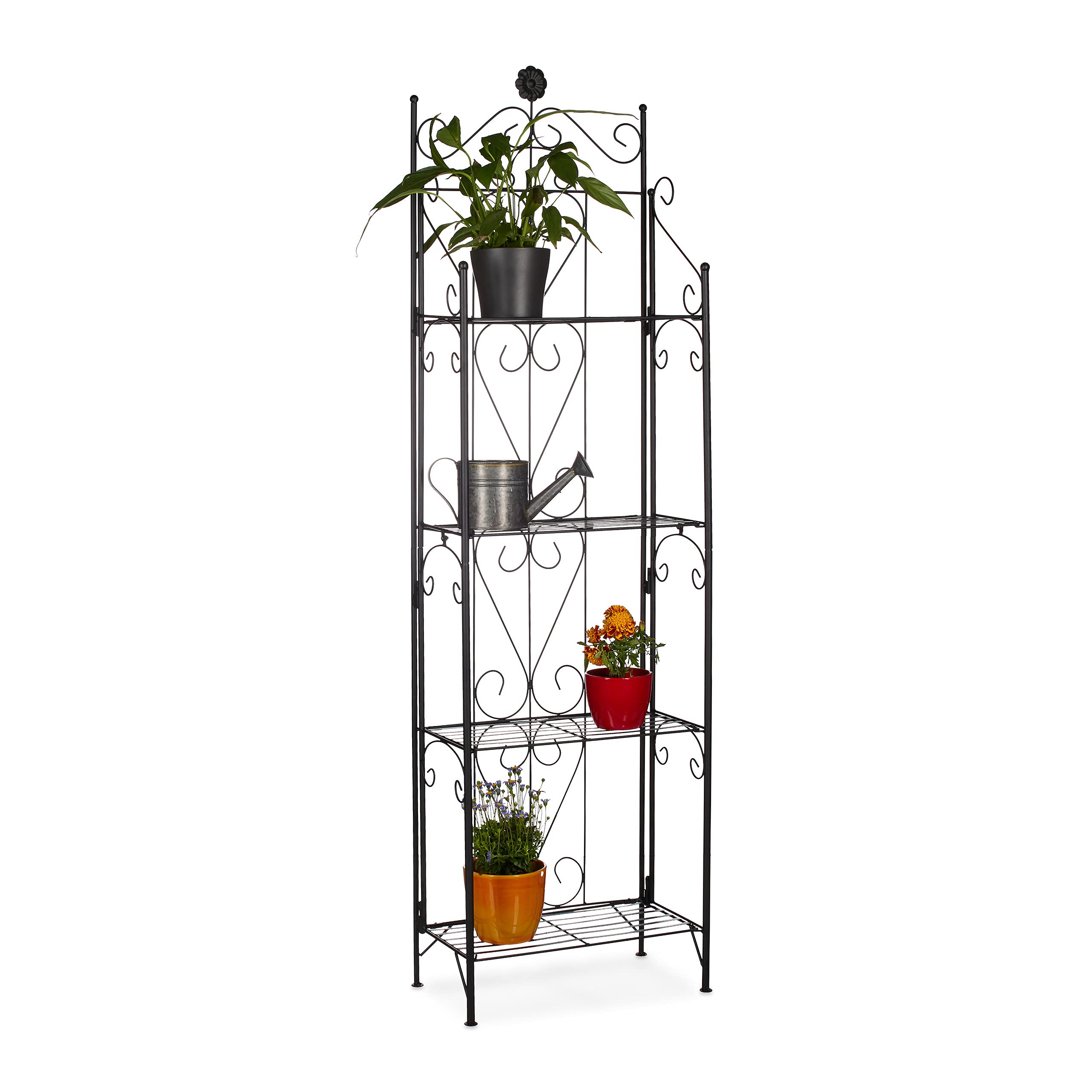 Relaxdays Metal Flower Stand with 4 Shelves, Foldable, Weather-Resistant, Plant Rack, HxWxD: 157 x 44 x 24 cm, Black