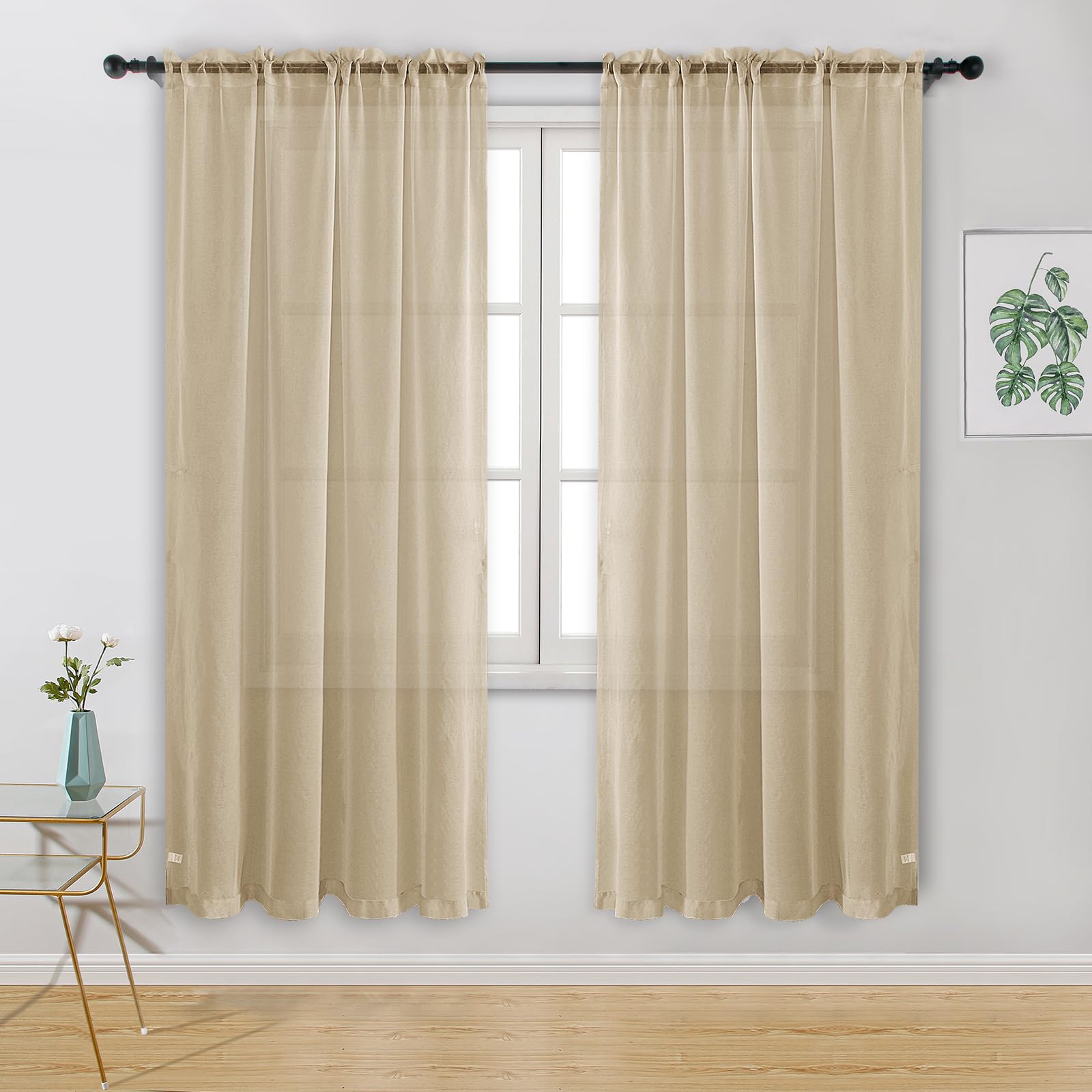Hiasan Voile Curtain Beige Net Curtains for Window Sheer Curtains for Living Room Bedroom Curtains With Tiebacks 55 X 63 Inch 2 Panels Rod Pocket Top