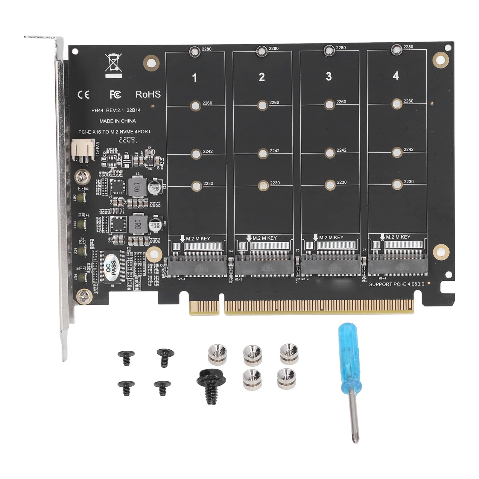 ASHATA M.2 NVME SSD to Pcie X16 Adapter, 4 Port High Speed 4x32Gbps M.2 Pcie Signal Splitting Array Card with Individual LED Indicator for Computers, Stable Transmission