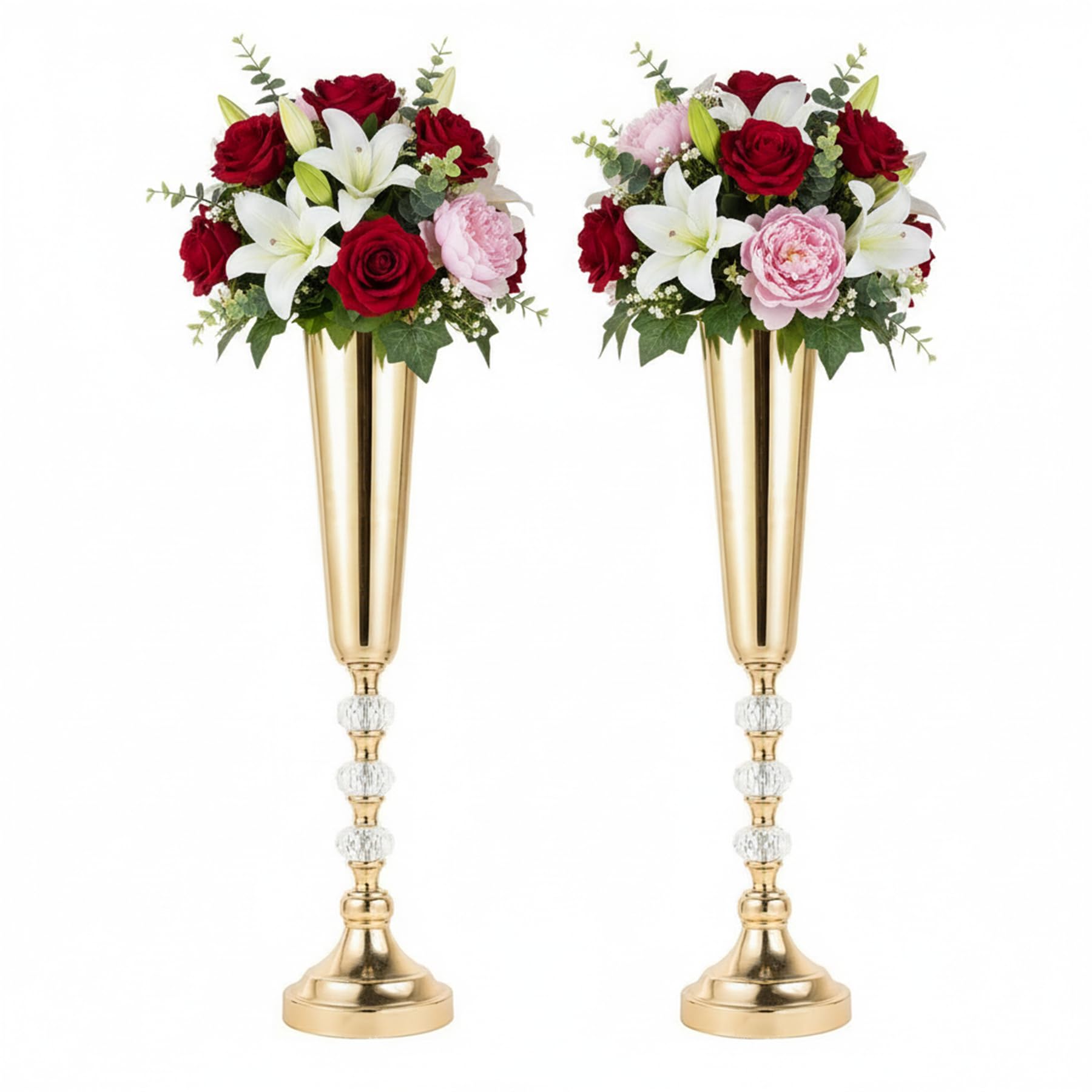 Photo 1 of Tabletop Metal Vase Set of 2, Decorative Gold Vases for Centerpieces, Trumpet Vases for Flowers, Tall Table Flower Arrangements for Anniversary Birthday Party Wedding Home Decor (Gold- 2pcs)