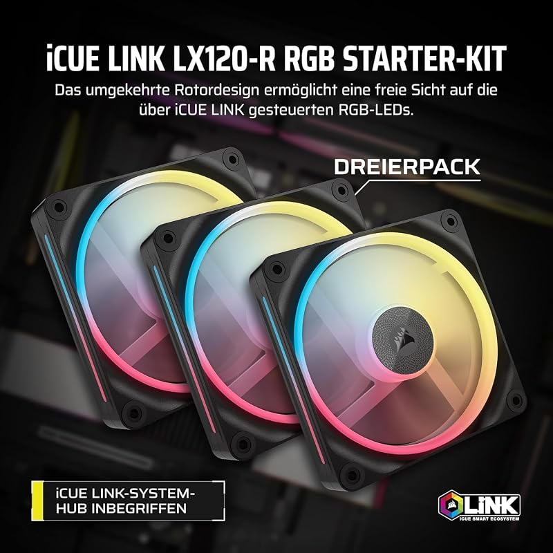 iCUE LINK LX120-R RGB 120mm PWM-Umkehrlüfter – Dreifach-Lüfter-Kit – Geräuscharm, CORSAIR Magnetische Kuppellagerung, Zwei Lichtschleifen, QuikTurn™-Schrauben, Null-Drehzahl-Modus – Schwarz
