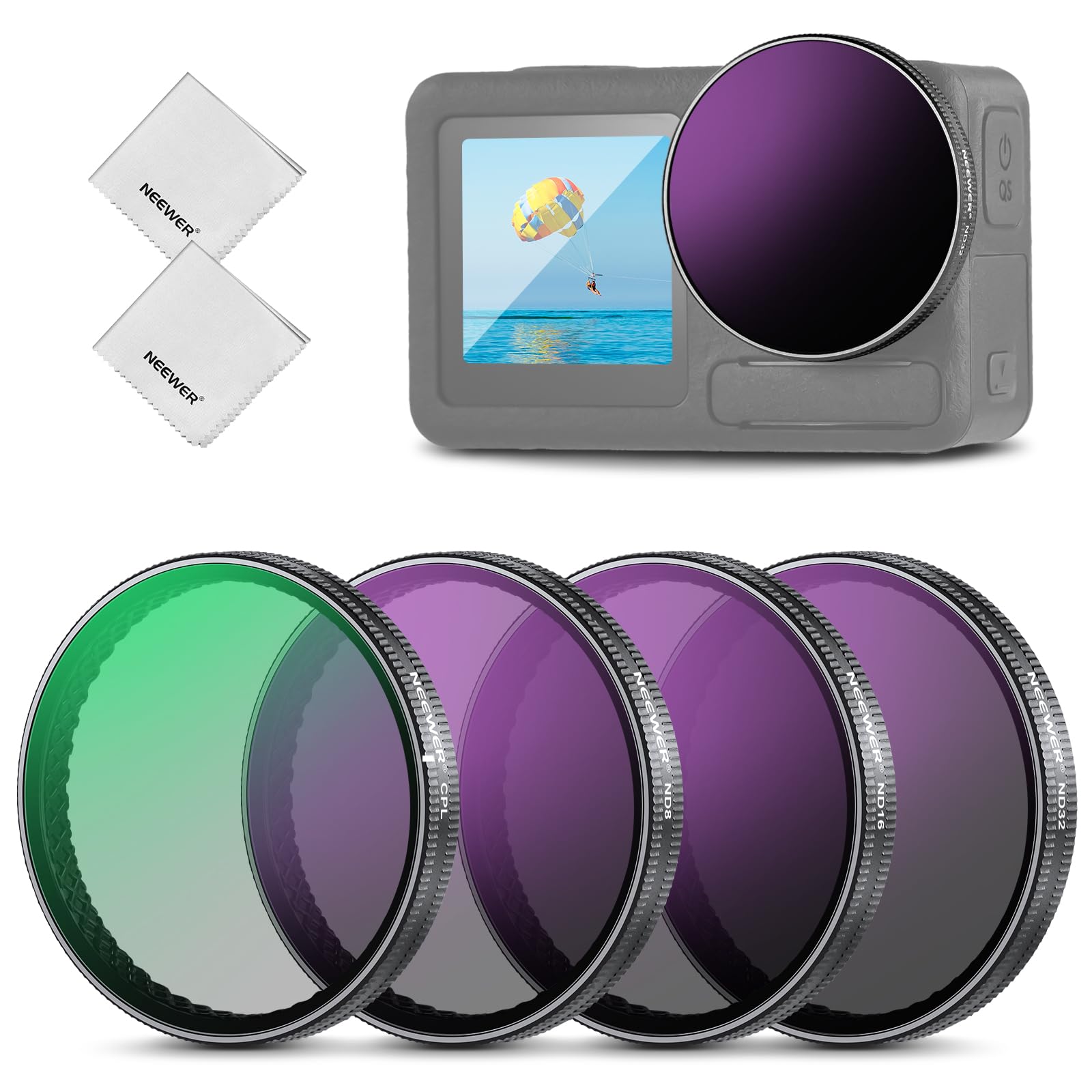 Photo 1 of ***READ CLERK NOTES*** NEEWER ND Filter Set Compatible with DJI Osmo Action 5 Pro/4/3, 4 Pack Multicoated HD Optical Glass Snap On ND8/ND16/ND32/CPL Filters, Action Camera Lens Accessories with 2X Cleaning Cloth