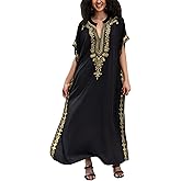 KECVOT Kaftan Dresses for Women Embroidered Short Sleeve V-neck Plus Size Caftan Bikini Swimsuit Cover-Up Long Beach Dress