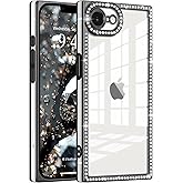 ROSEHUI Clear Glitter Phone Case for iPhone 16e, Girly Luxury Bling Sparkly Diamond Rhinestones Soft TPU Plating Rectangle Edge Camera Protection Transparent Shockproof Cover for Women, Black
