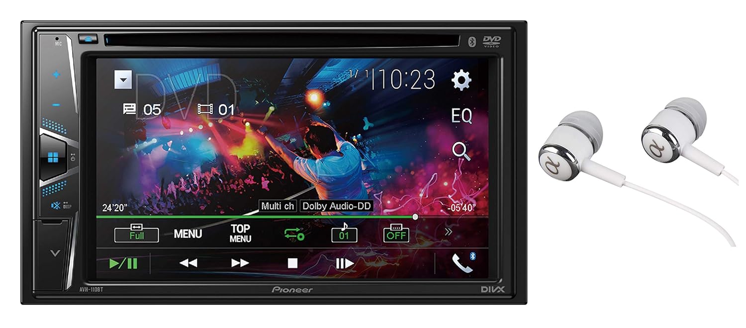 Pioneer AVH-110BT Double DIN 6.2" WVGA Touchscreen Display Bluetooth In-Dash DVD/CD AM/FM Front USB Digital Media Car Stereo Receiver, Android Music Pandora and Spotify Support/FREE ALPHASONIK EARBUDS