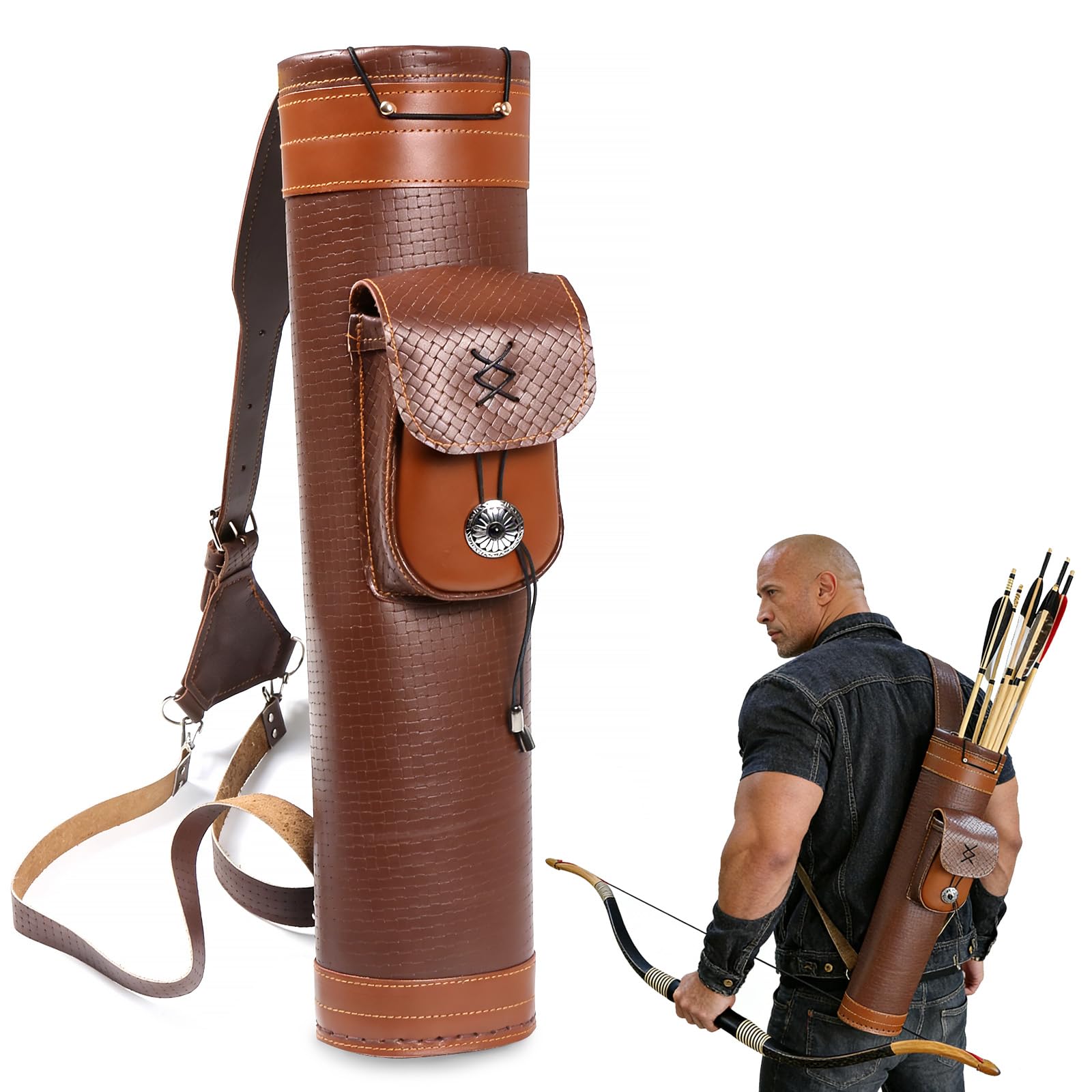 TOPARCHERY Traditional Shoulder Back Quiver Bow Leather Arrow Holder with Large Pouch Handmade Straps Belt Bag Brown