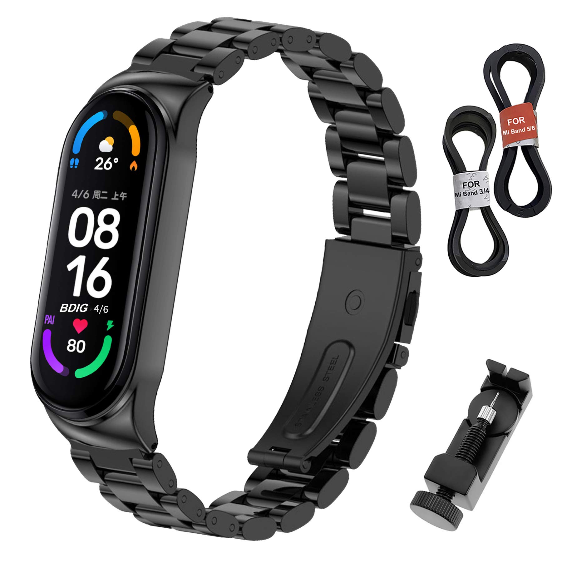 BDIG Mi Band 5 Strap Mi Band 6 Straps Bracelet Replacement,Stainless Steel Metal Wrist Strap Wristband WatchBand Accessories for Xiaomi Mi Band 4 Miband 3, Black