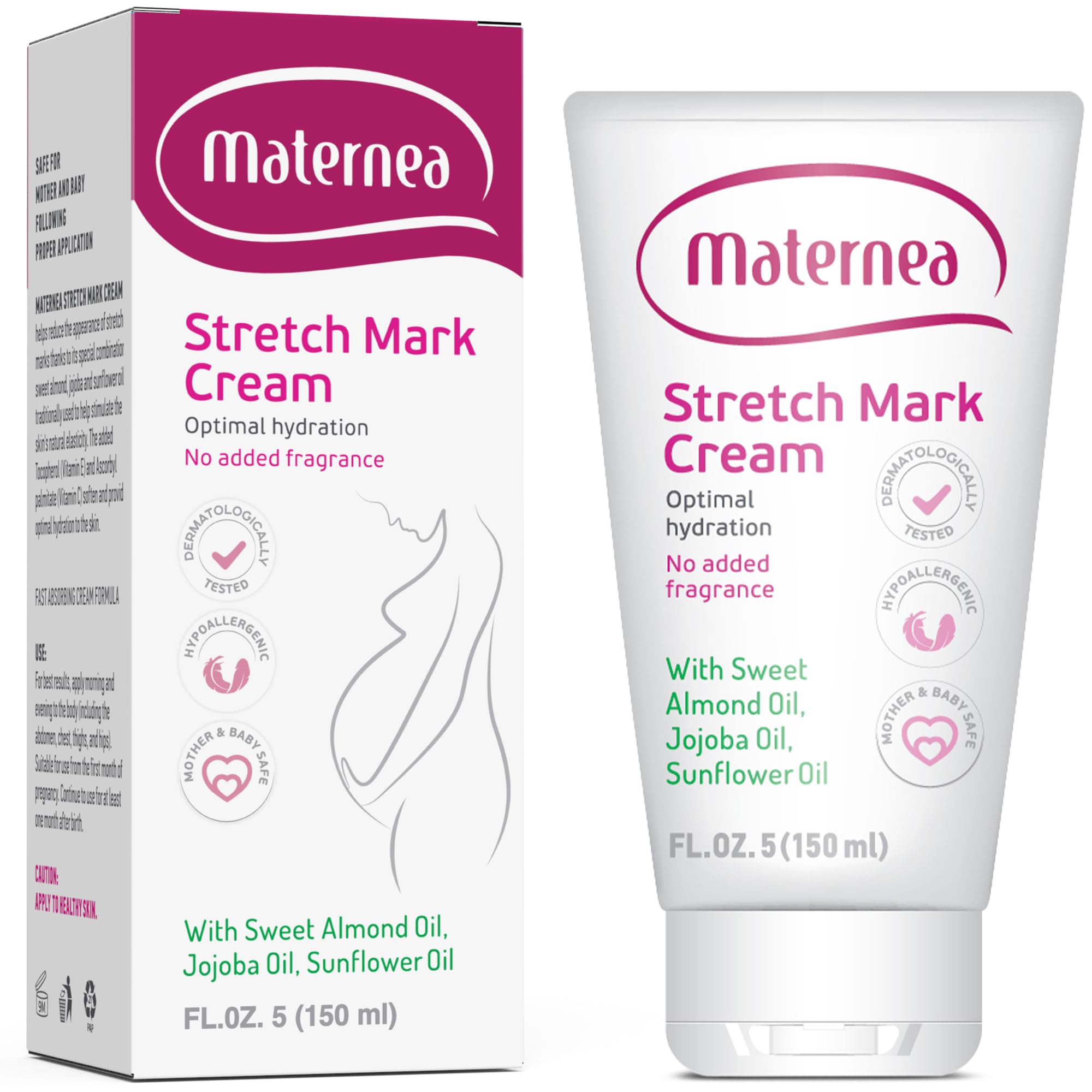 Stretch Mark Cream - Hydrating Cream Pregnancy Care with Almond, Sunflower, & Jojoba Oils - Skin-Safe & Perfume-Free - Pregnancy Stretch Mark Cream by Maternea (150ml)