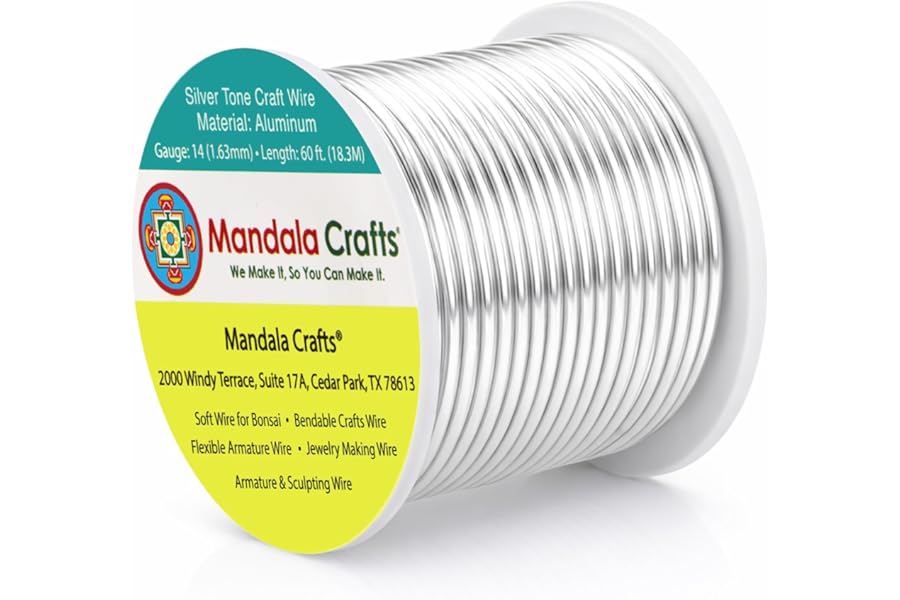Mandala Crafts 14 Gauge Anodized Aluminum Craft Wire for Jewelry Making - 60 FT Colored Flexible Silver Tone Wire - Bendable for Bonsai Armature Crafting Sculpting