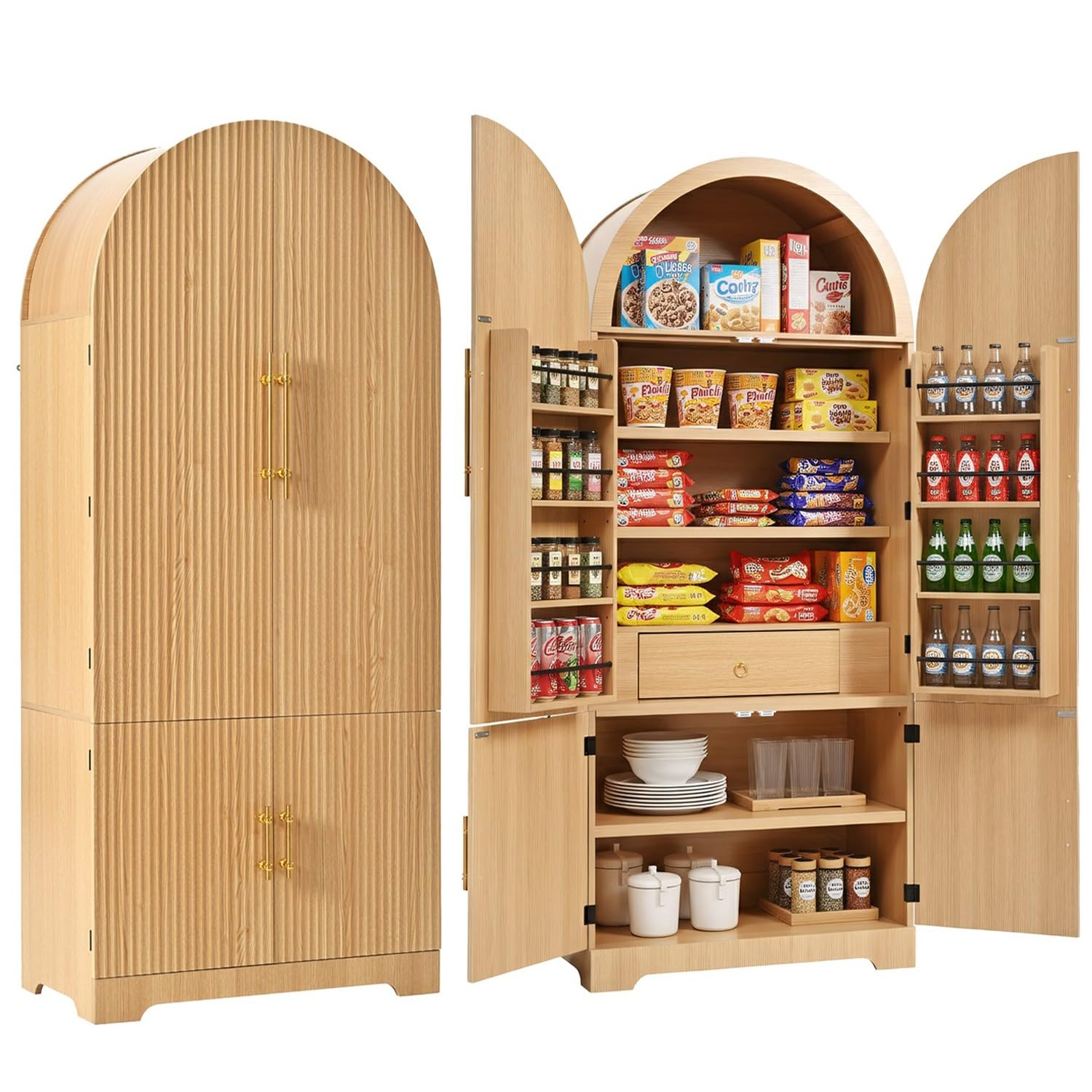 Photo 1 of Merax 72" Tall Arched Cabinet Kitchen Pantry with 4 Doors, Fluted Storage Cabinets with 3 Adjustable Shelves & 1 Hidden Drawer & 8 Door Shelves, Versatile Cupboard for Kitchen, Dining Room, Natural