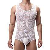 FEOYA Leotard for Mens Sissy Lingerie Shiny Sheer Sleeveless Bodysuit One Piece Mesh See Through Mankini Jumpsuit