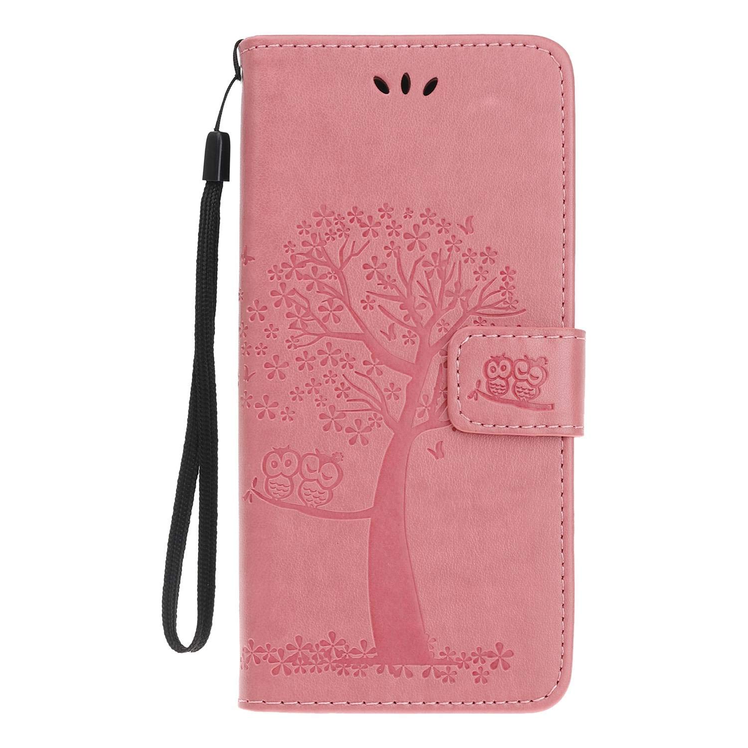 Skhawen for iPhone 11 Case, Flip Shockproof PU Leather Embossed Owl Wallet Magnetic Cover for iPhone 11 with Card Holder Viewing Stand, Pink