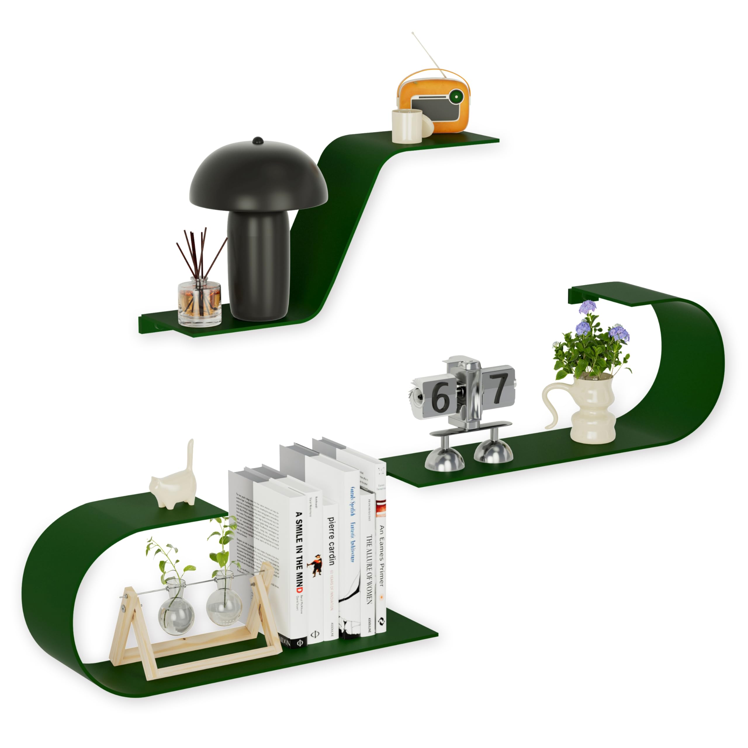 Photo 1 of BUTUNITA Green Floating Shelves Set of 3, Green Metal Decor, Unique Mounted Floating Shelf, Modern Long Wall Shelf, Large Wall Shelves for Bedroom, Bathroom, Living Room