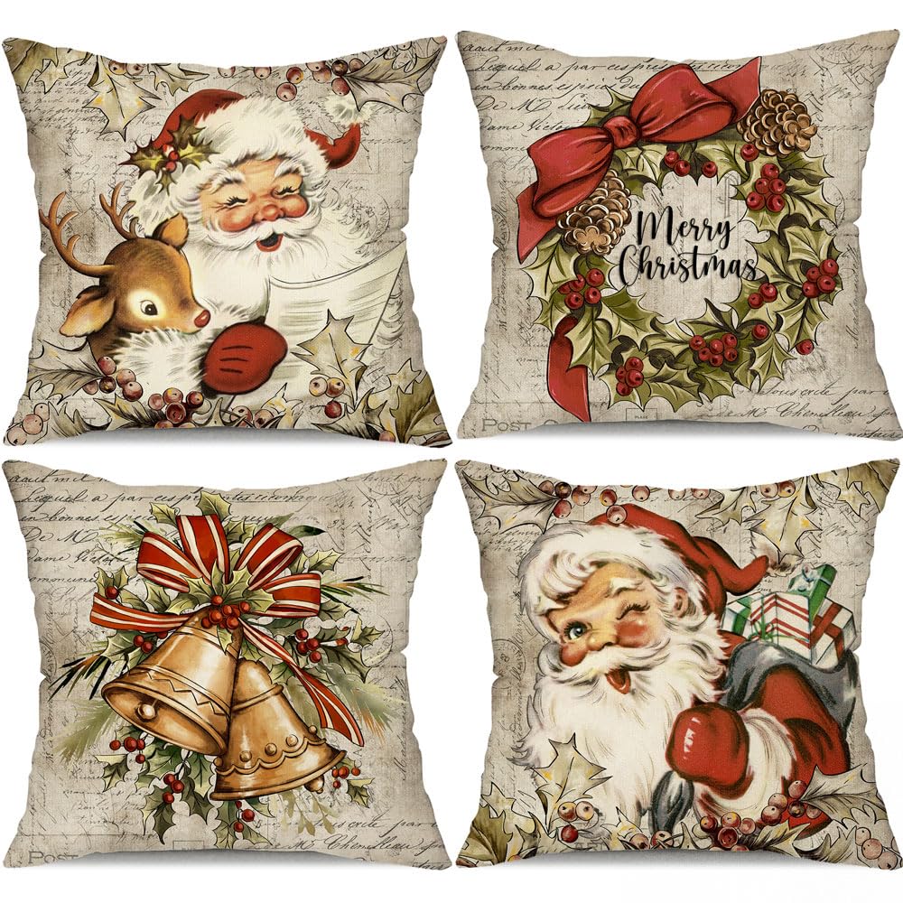 DFXSZ Christmas Pillow Covers 20x20 inch Set of 4 Santa Claus Reindeer ...