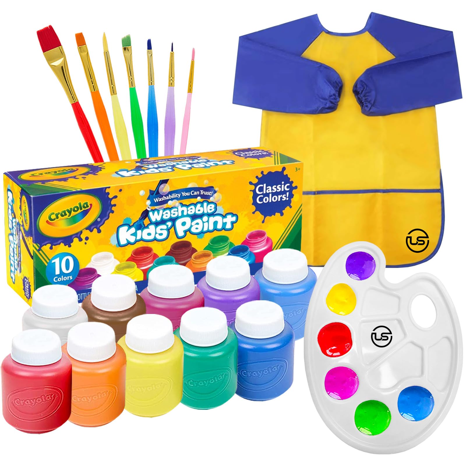 Kids Painting Set, Washable Paint for Kids 10 Colors, 7 Paintbrushes, Paint Palette, Painting Smock, Non Toxic Tempera Paints 2 oz Each,Paints for Toddlers Gifting bundle Art, Crafts