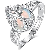Vito 925 Sterling Silver Tree of Life Ring for Women Men, Adjustable Teardrop Moonstone Amethyst Obsidian Crystal Tree Open Band Rings Protection Amulet Jewelry Gift