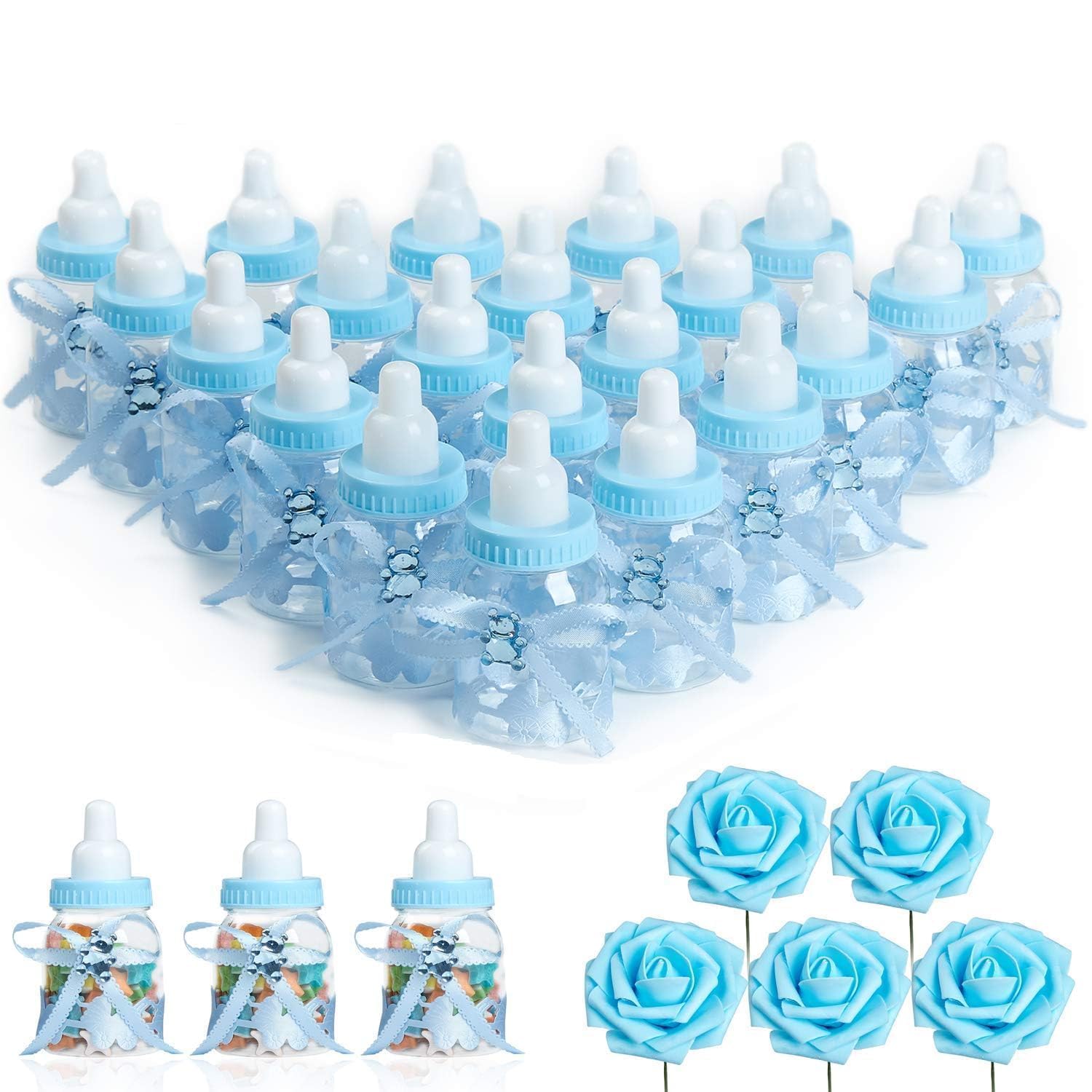 Marry Acting 24pcs 3.5 Inch Feeding Bottle Candy Box with 5 Pcs Artificial Flower Rose for Baby Shower Favor Gift Decoration (Blue)